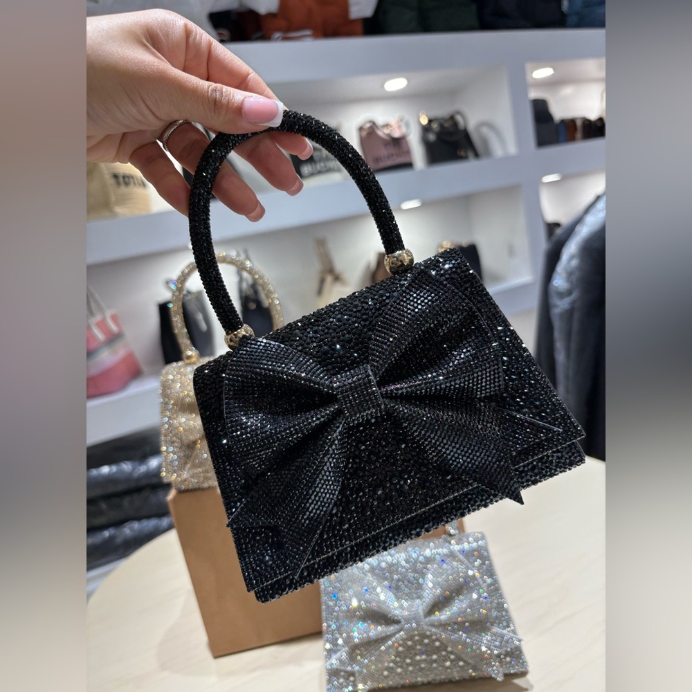 Black Crystal Bow Top-Handle Evening Bag